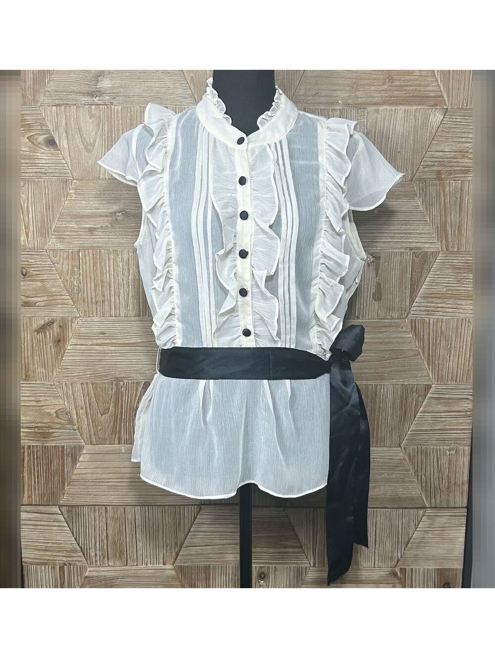 Vintage Dimri Coquette Cream Ruffle Tuxedo Blouse Large Black Satin Sash Belt